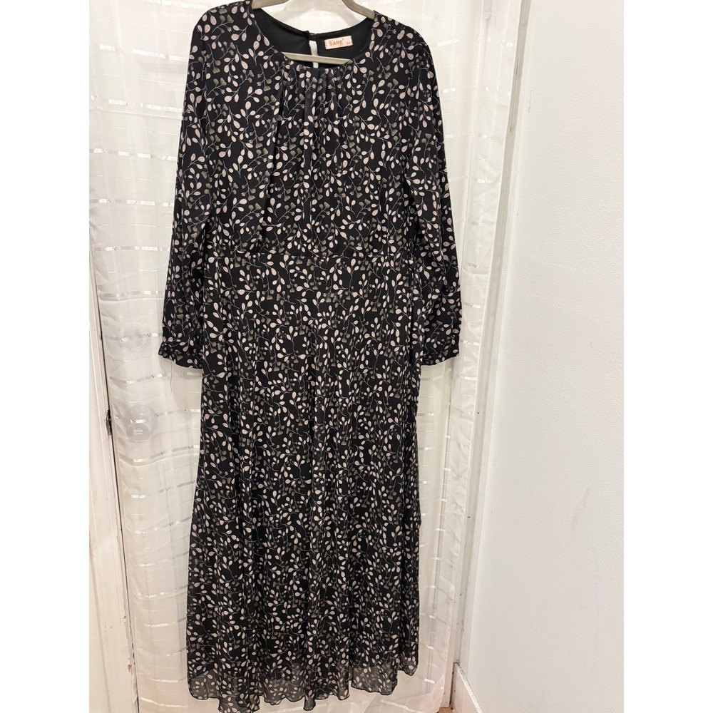 Butik Sare IST Black Botanical Leaf Print Long Sleeve Maxi Dress Size 54